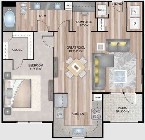 Floor plan for 1 bed, 1 bath, 819 sqft